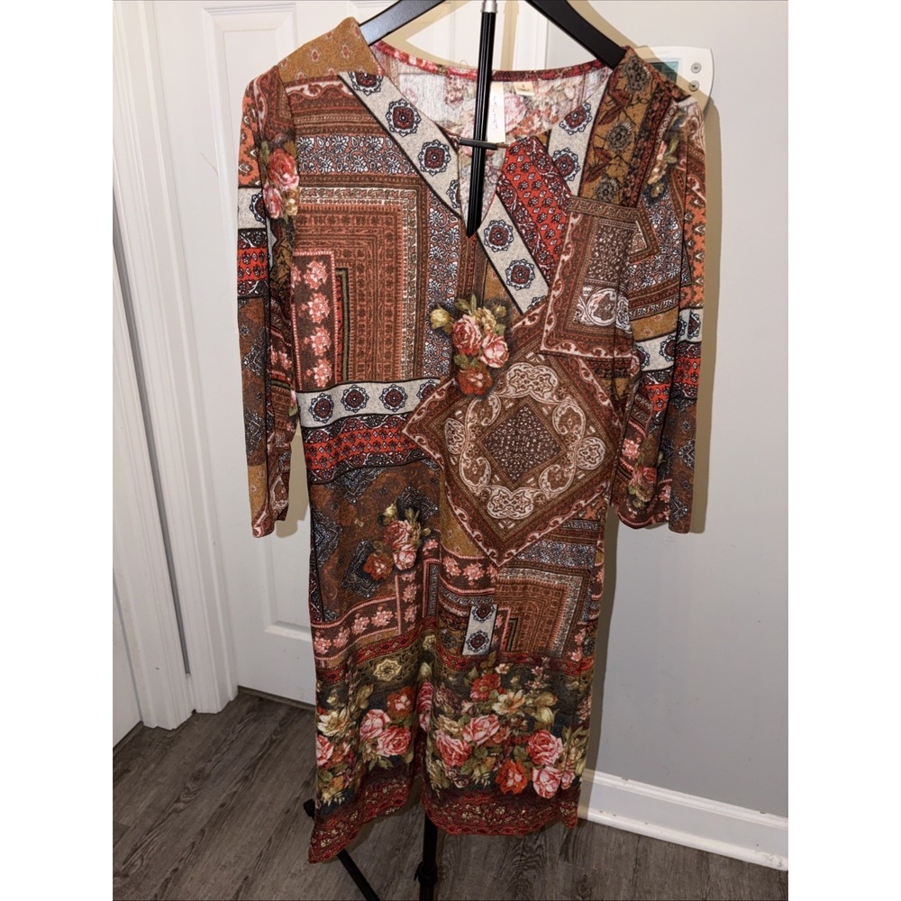 Tacera stretchy‎ multicolor dress Sm Lightweight Boho Earthy Chic Breathable EUC